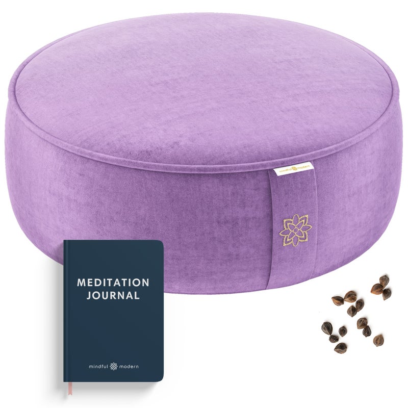 Mindful Modern وسادة تأمل من المخمل العصرية والواعية | وسادة زافو فاخرة لليوغا | دعم الوضعية | مملوءة بقشور الحنطة السوداء | وسادة دائرية كبيرة | غطاء قابل للإزالة والغسل + مقبض حمل | لون بنفسجي - Image 1